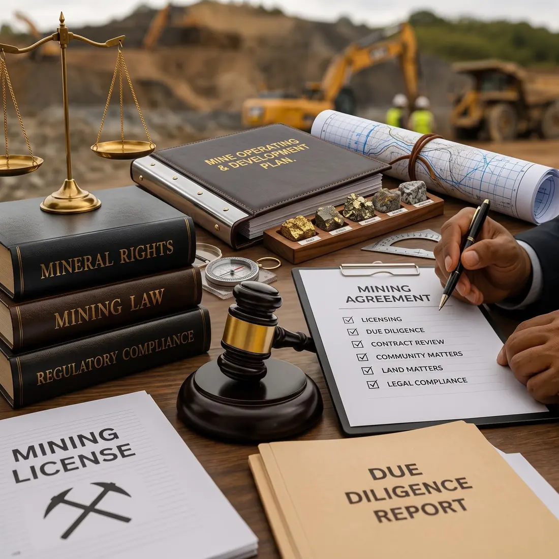 Mining licensing, due diligence and legal compliance documents on a desk, representing the formalisation stage of our approach